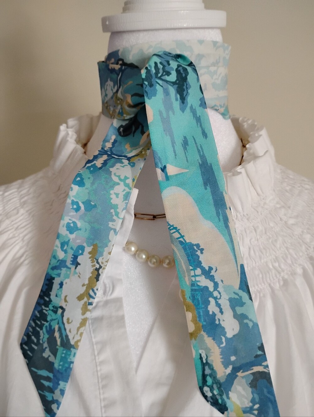Liberty Art Fabric Tana Lawn Super Skinny Scarf Coastal Landscape Blue Sailboat